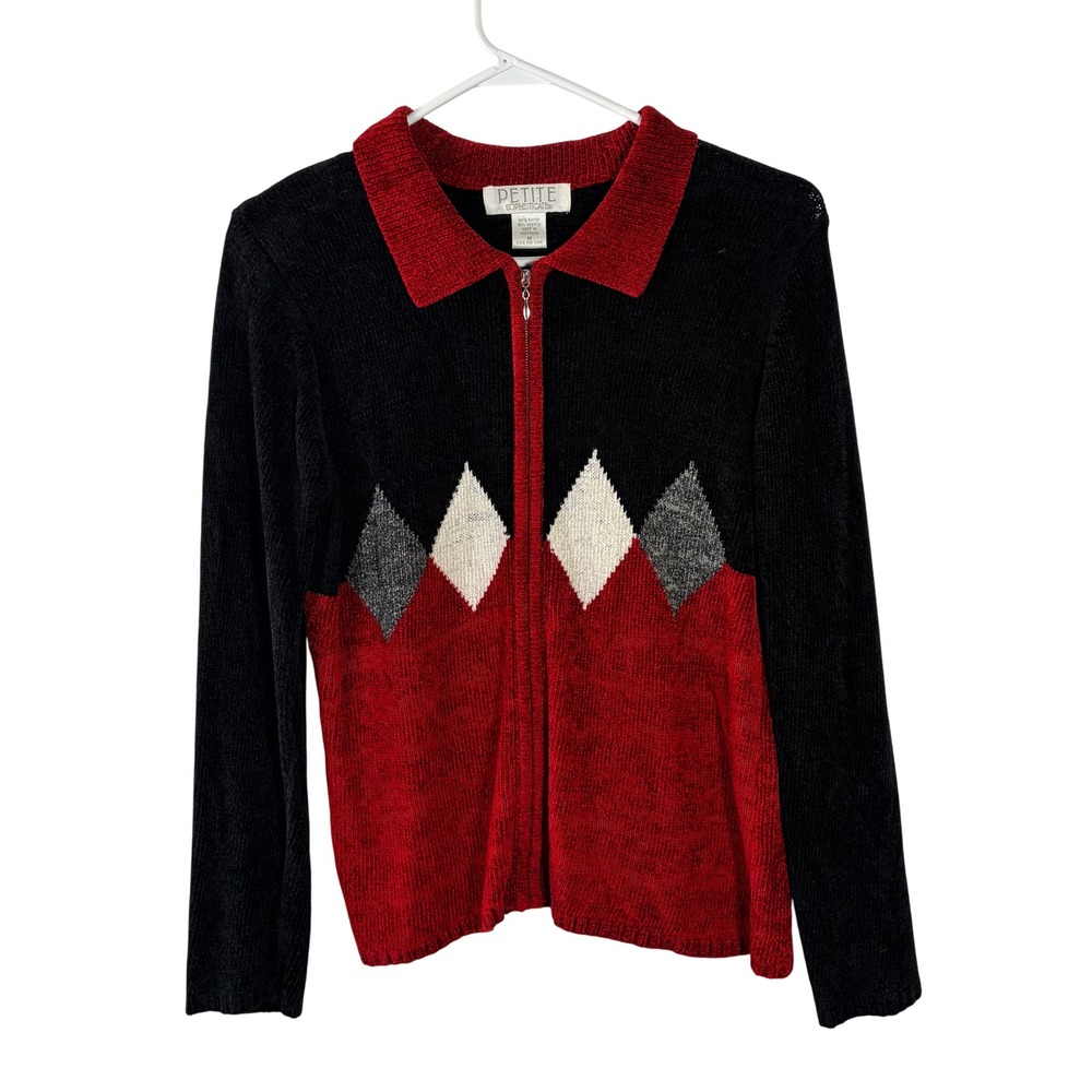 Petite Sophisticate Red Black Argyle Full Zip Cardigan Sweater Medium Australia